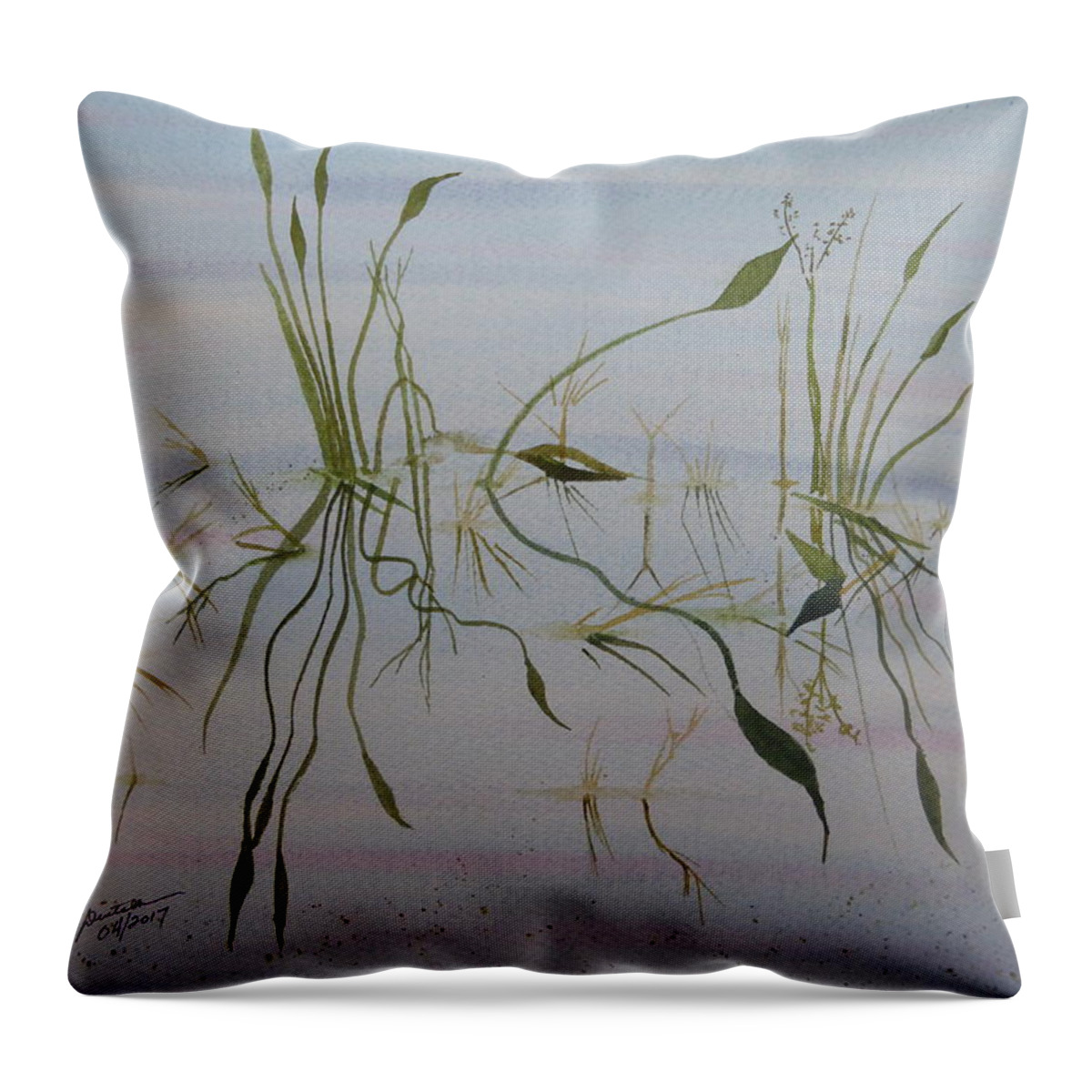 Lake Grass Throw Pillow featuring the painting Water Music by Joel Deutsch