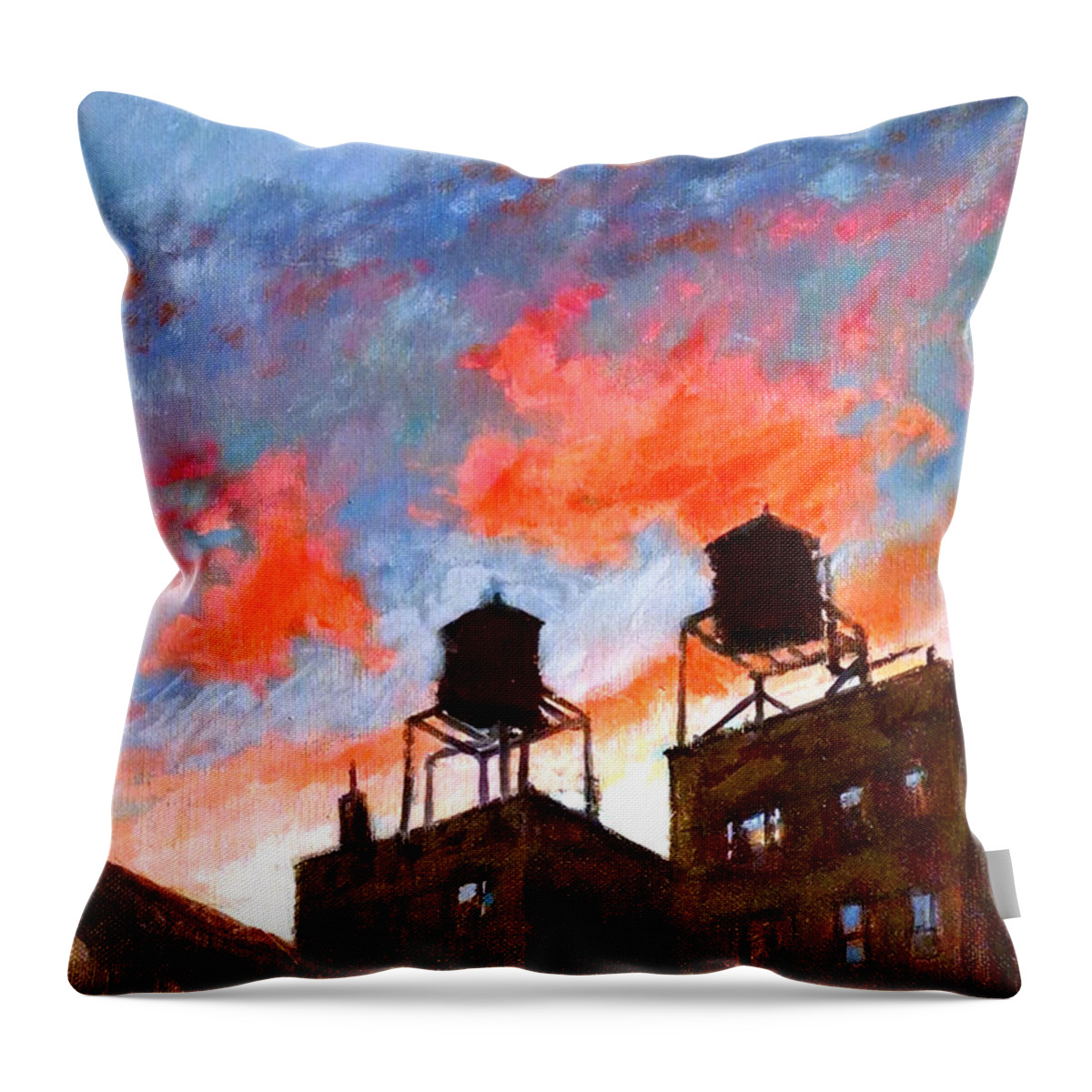 Landscape Throw Pillow featuring the painting Water Towers at Sunset No. 1 by Peter Salwen