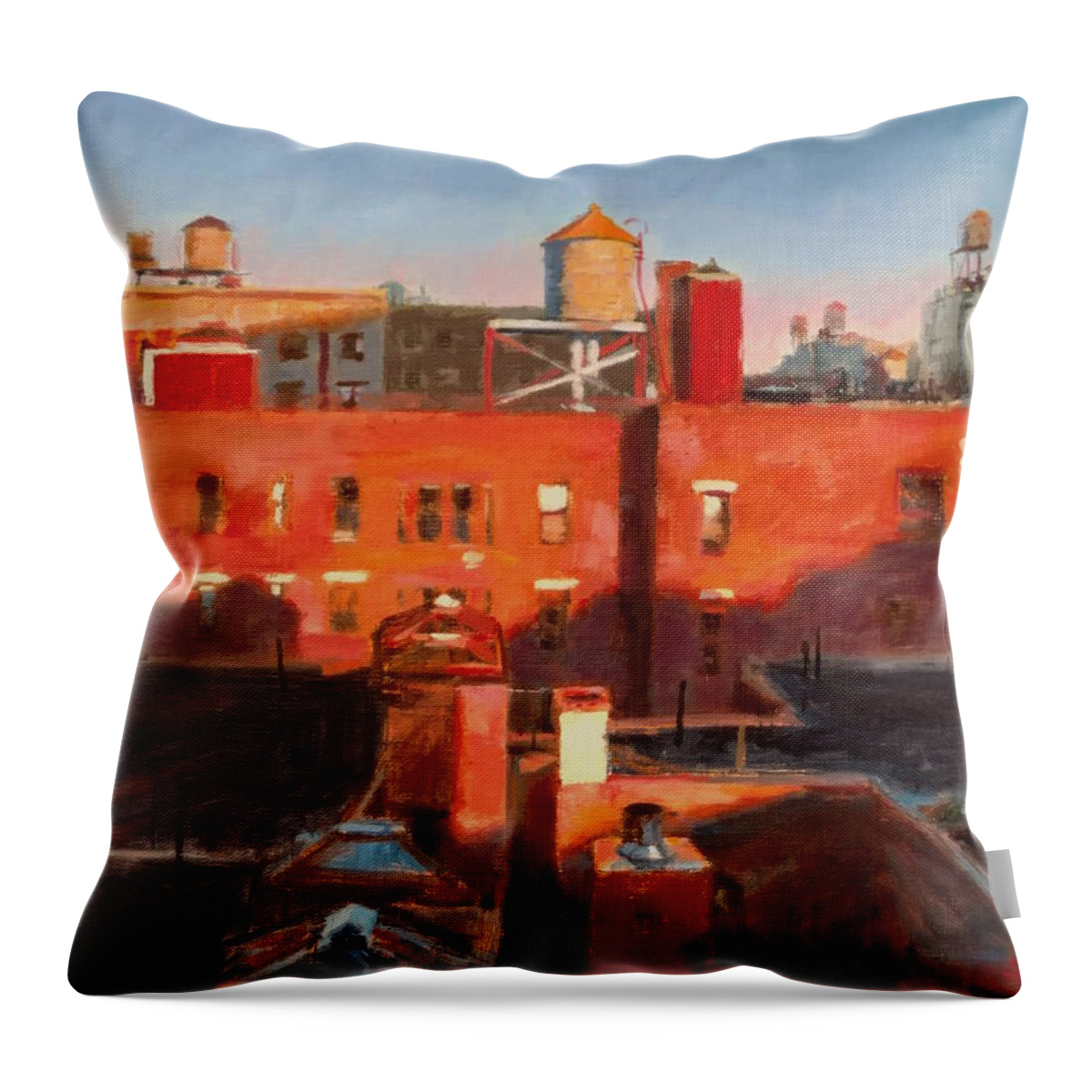 New York Throw Pillow featuring the painting Water Towers at Sunset No. 3 by Peter Salwen
