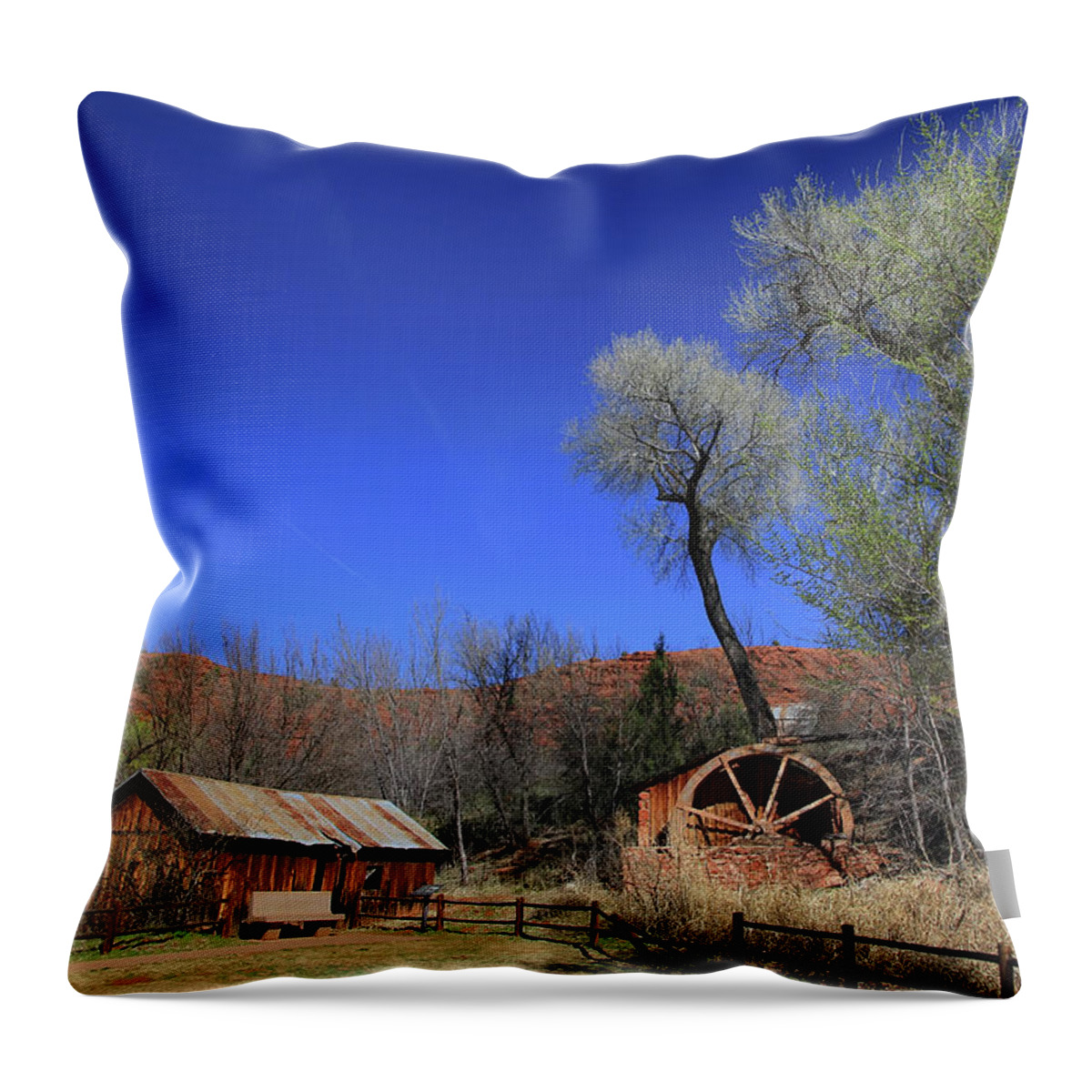 Water Wheel Throw Pillow featuring the photograph Water Wheel and Old Barn by Teresa Zieba