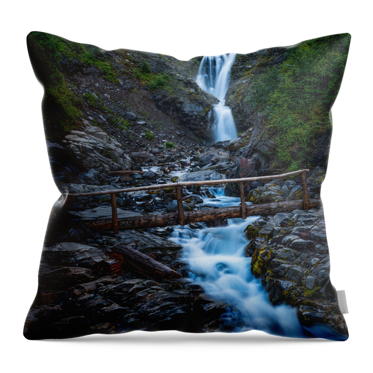 Waterfall Throw Pillow featuring the photograph Waterall and Bridge by Chris McKenna