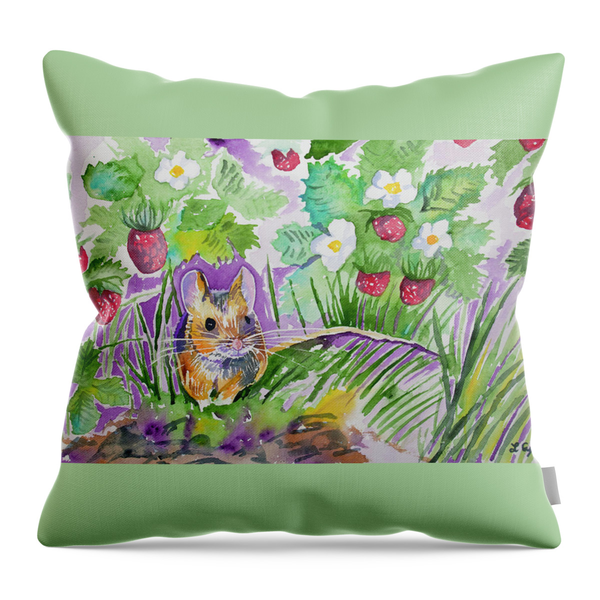 Field Mouse Throw Pillow featuring the painting Watercolor - Field Mouse with Wild Strawberries by Cascade Colors