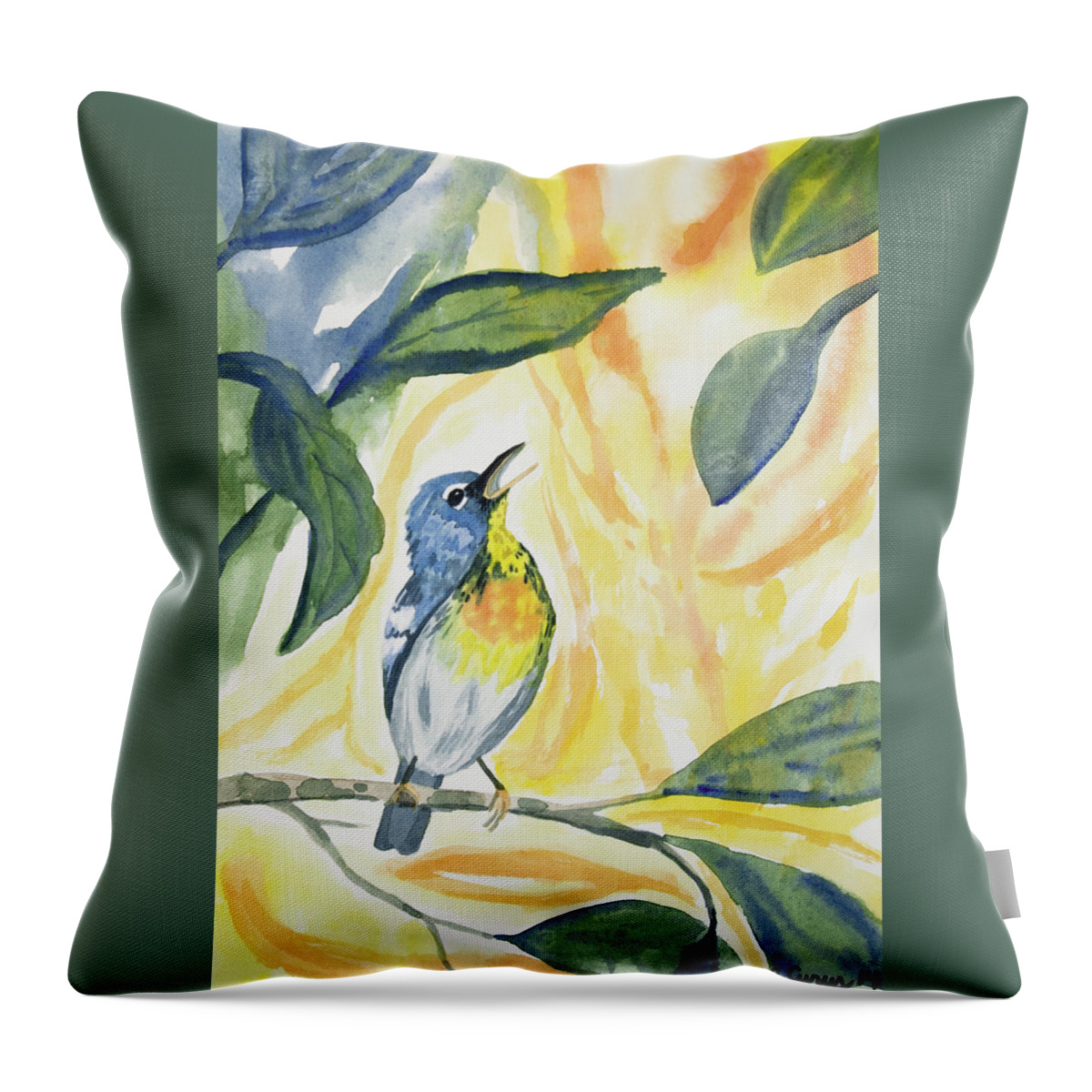 Northern Parula Throw Pillow featuring the painting Watercolor - Northern Parula in Song by Cascade Colors