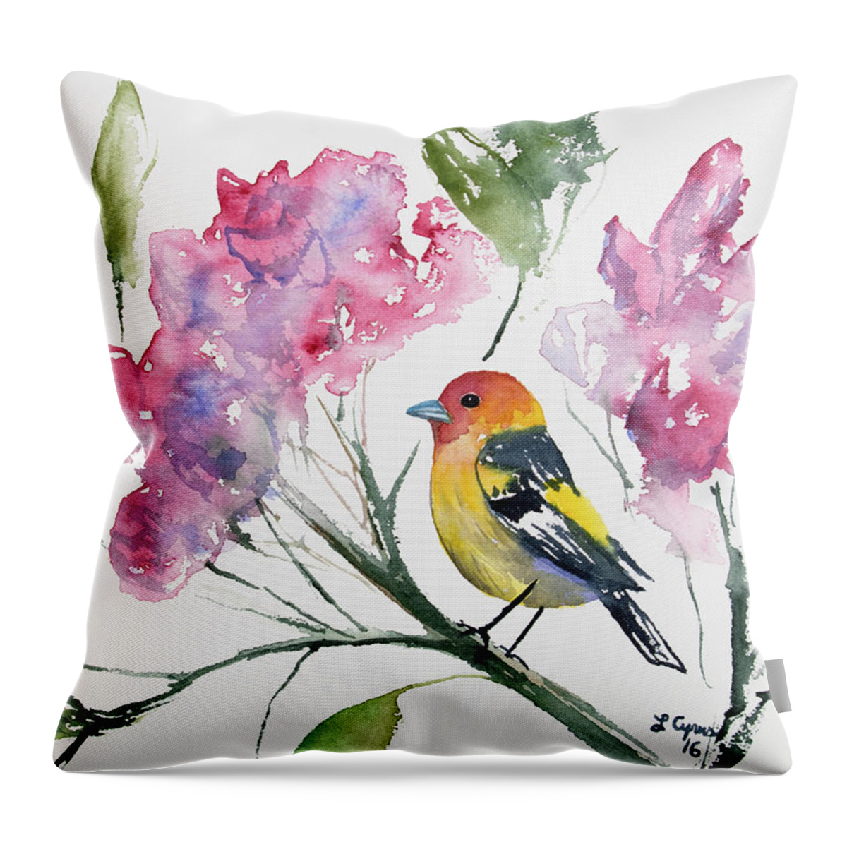Western Tanager Throw Pillow featuring the painting Watercolor - Western Tanager in a Flowering Tree by Cascade Colors