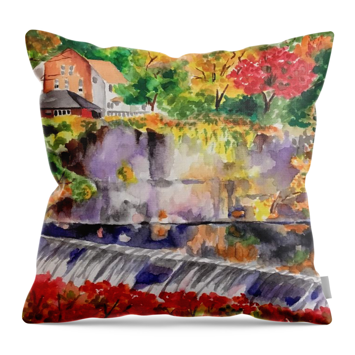 Vibrant Colors. Waterfall Throw Pillow featuring the painting Waterfall at the Old Saugerties Mill by Judy Swerlick
