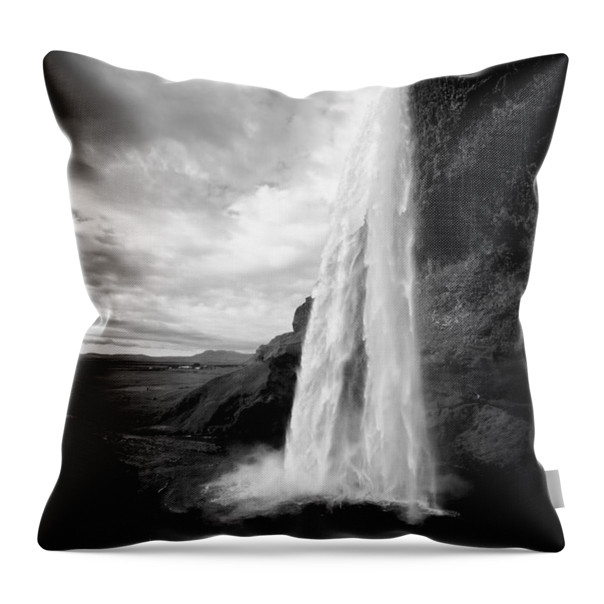 Iceland Throw Pillow featuring the photograph Waterfall in Iceland black and white by Matthias Hauser