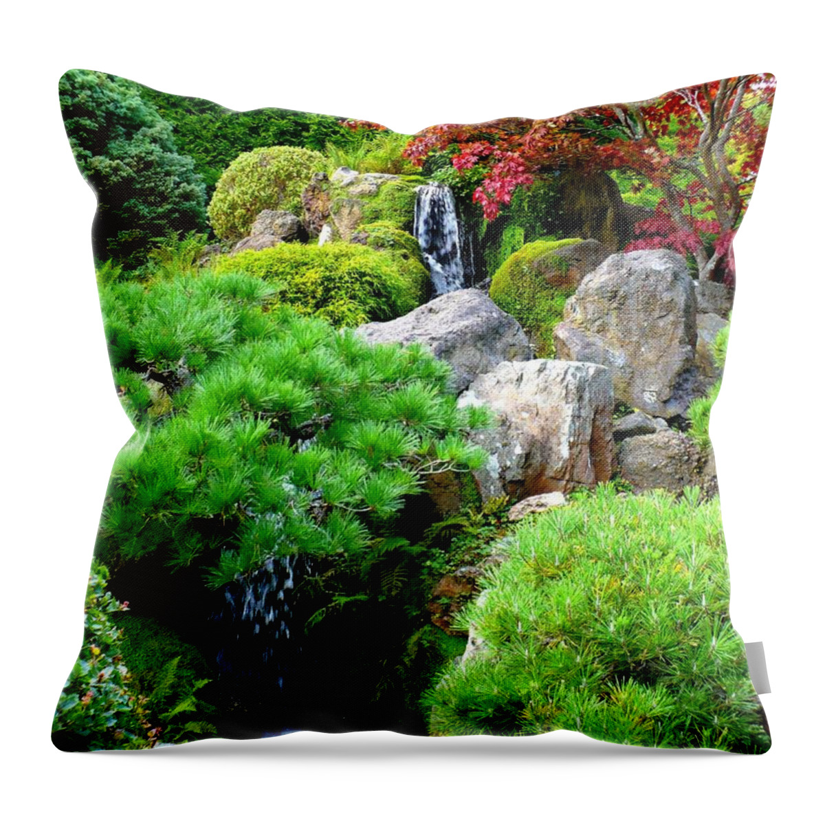 Garden Throw Pillow featuring the photograph Waterfalls in Japanese Garden by Carol Groenen