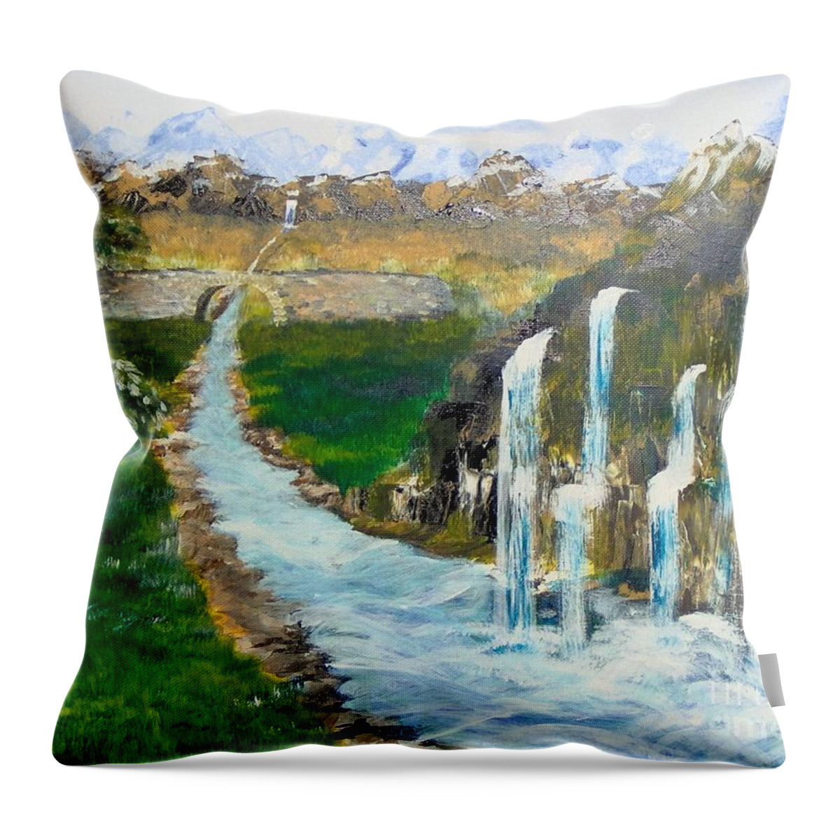 Waterfalls Throw Pillow featuring the painting Waterfalls by Saundra Johnson