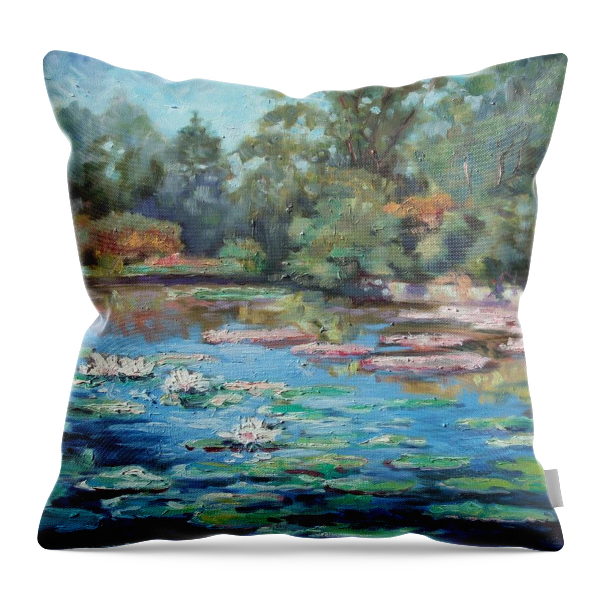 St.louis Throw Pillow featuring the painting Waterlilies pond in Tower Grove Park by Irek Szelag