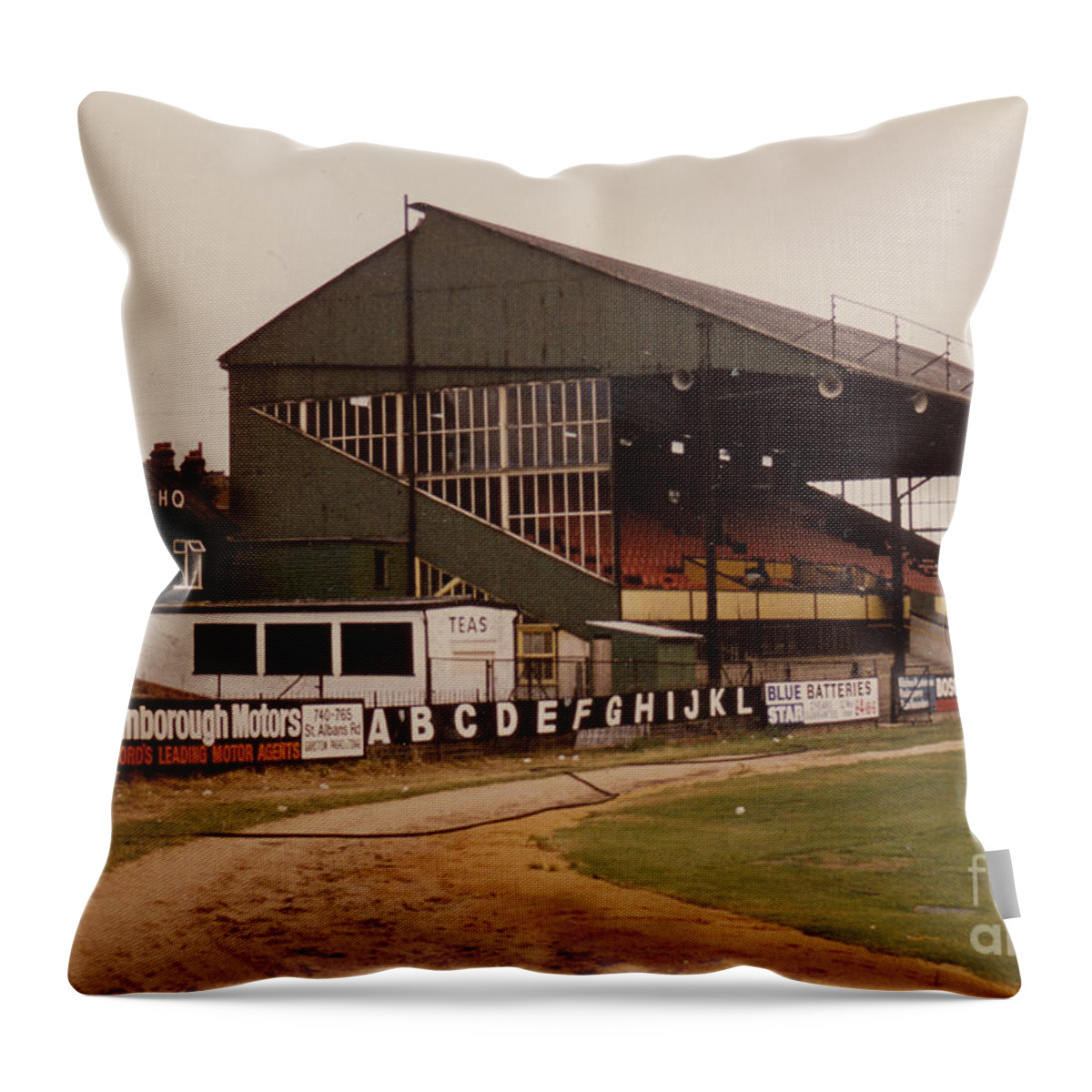  Throw Pillow featuring the photograph Watford - Vicarage Road - Main Stand 1 - 1969 by Legendary Football Grounds