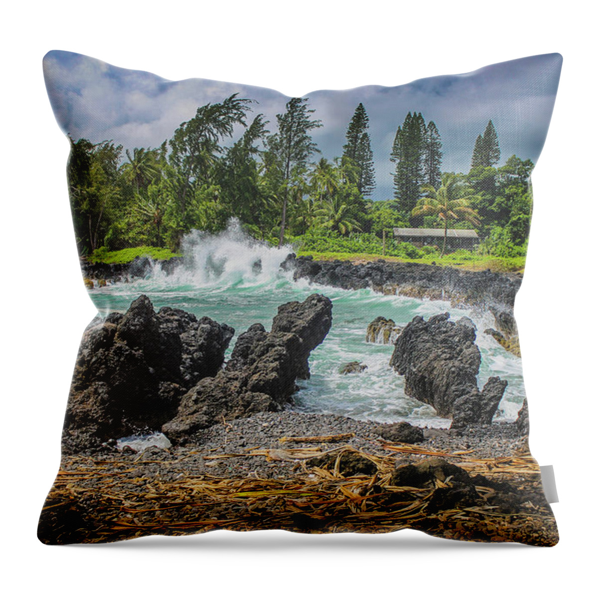 Aloha Throw Pillow featuring the photograph Waves Crashing Kawee Point by Andy Konieczny