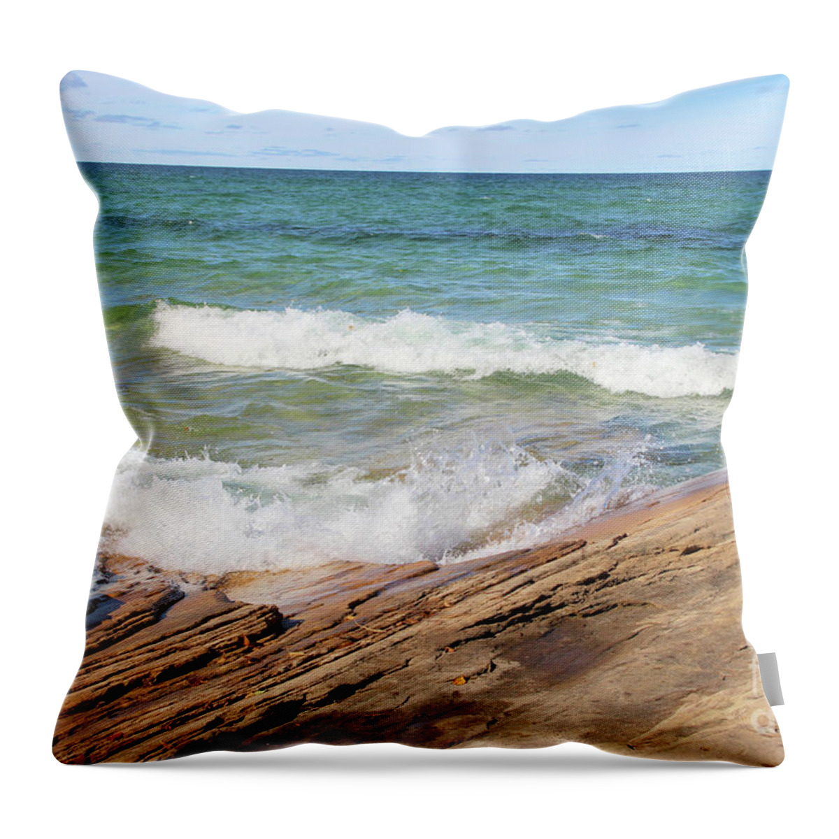 Water Throw Pillow featuring the photograph Waves on Rocky Shore by Brenda Ackerman