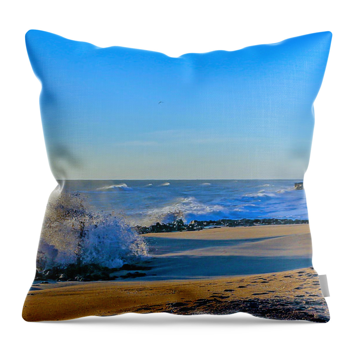 Waves Throw Pillow featuring the photograph Waves, Rocks, Beach Houses by Tom Claud