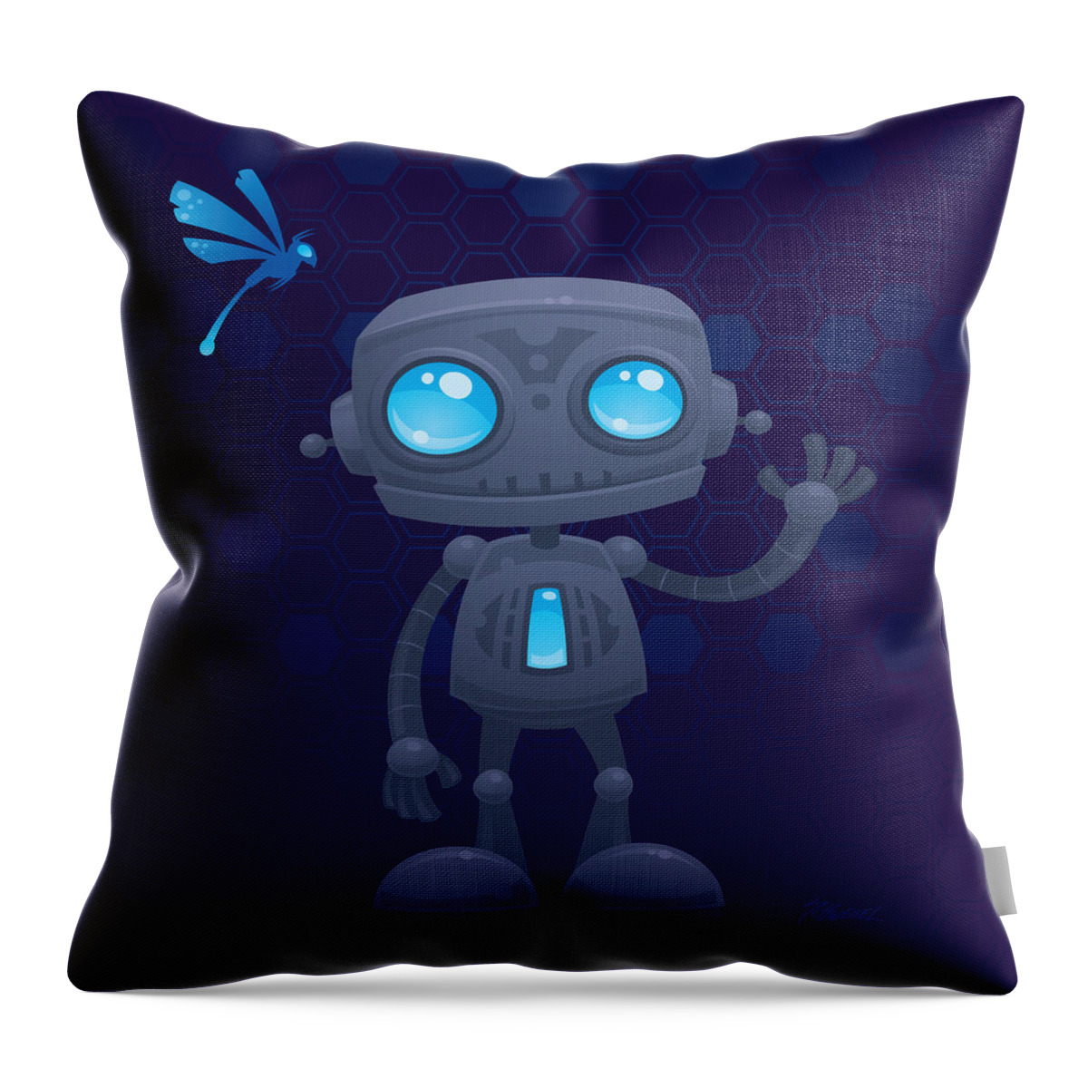 Robotandroiddroidfriendlycutewavewavingmachinefuturevectorcartoonillustrationhumorbluegrayhellosmilegreetingmascot Throw Pillow featuring the digital art Waving Robot by John Schwegel