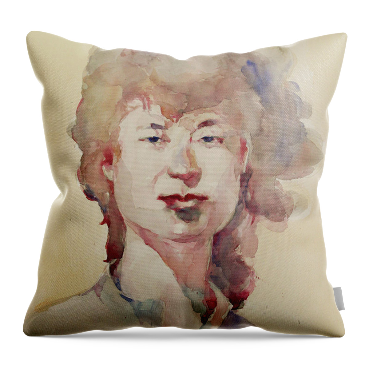 Watercolor Throw Pillow featuring the painting WC Portrait 1626 My Sister Eunja by Becky Kim