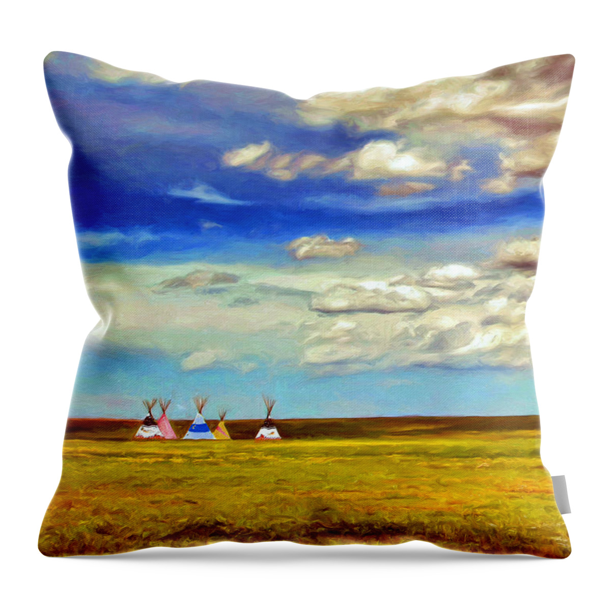 Teepees Throw Pillow featuring the painting We Belong To This Land by Dominic Piperata
