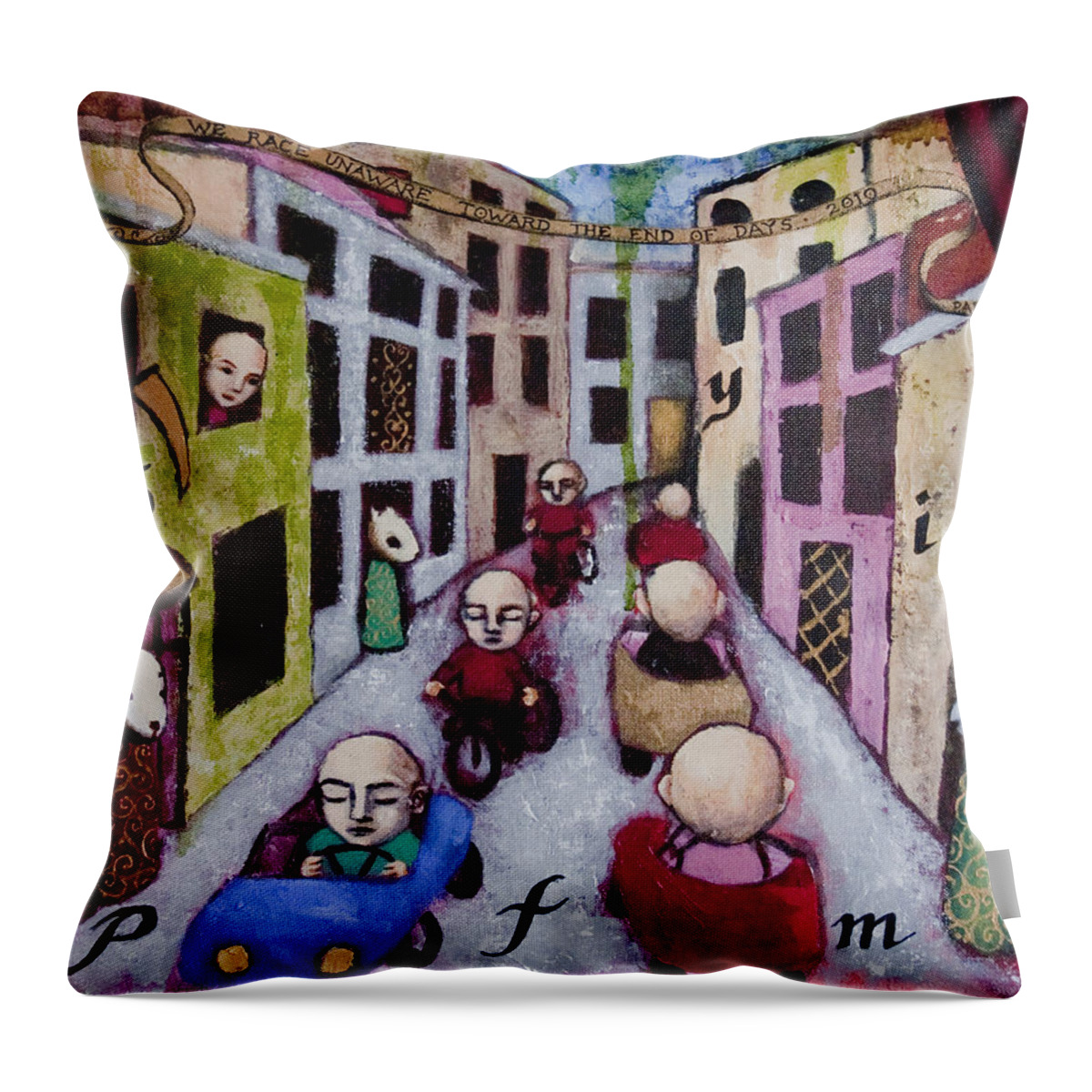 Cityscape Throw Pillow featuring the painting We Race Unaware Toward the End of Days by Pauline Lim