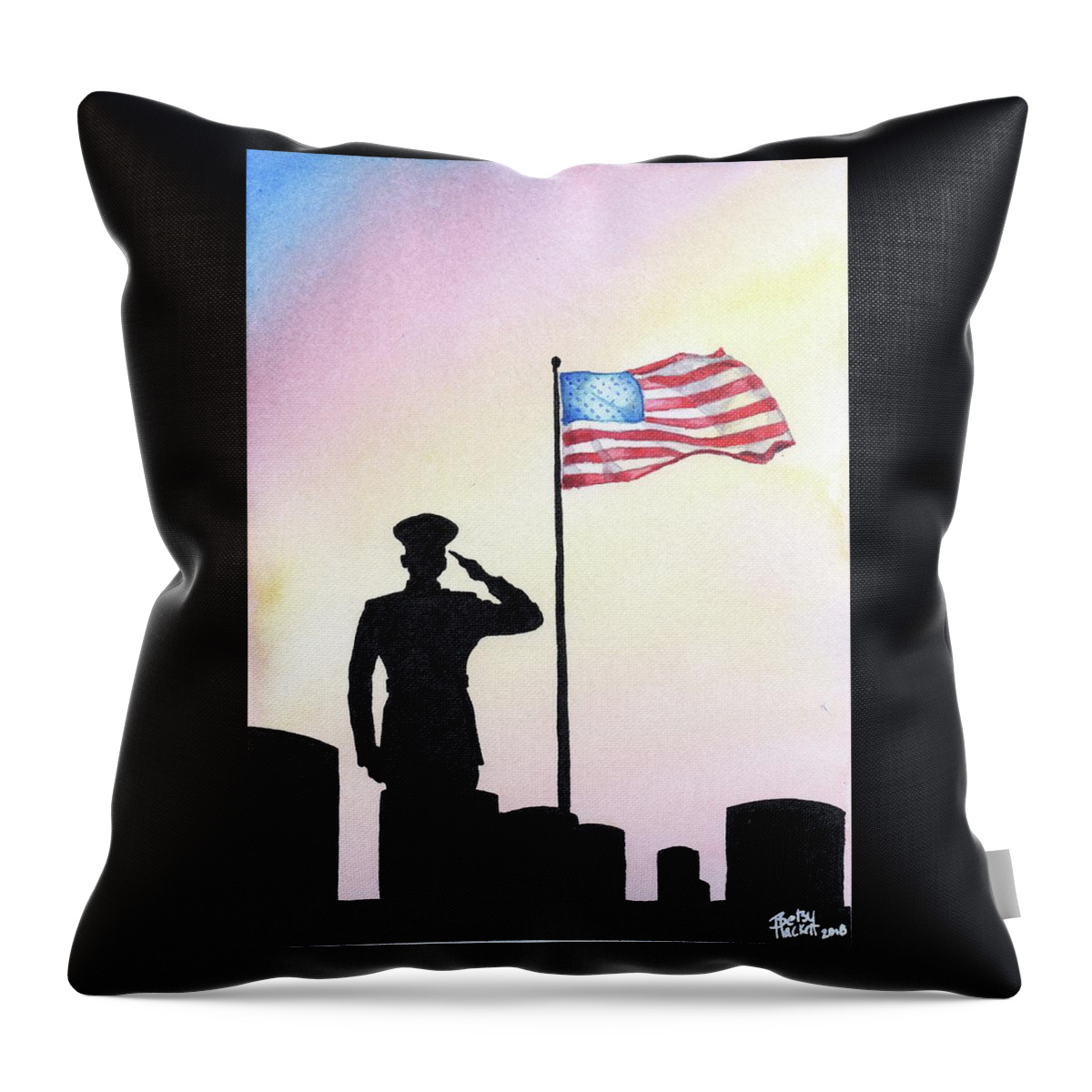 Memorial Day D D-day Normandy Battle Cemetery Graveyard Flag Flying Salute Tombstone Death Honor Commitment Sacrifice Ultimate Remember Remembrance We Watercolor Ink Signed Betsy Hackett Elizabeth 2018 Sunset Integrity Veteran Sacrificed Infamy Lives Usmc Marines Oohrah Marine America American Merica Flag Cemetary Murica Funeral Condolences Honors Military Somber Poignant Throw Pillow featuring the painting We Remember by Betsy Hackett