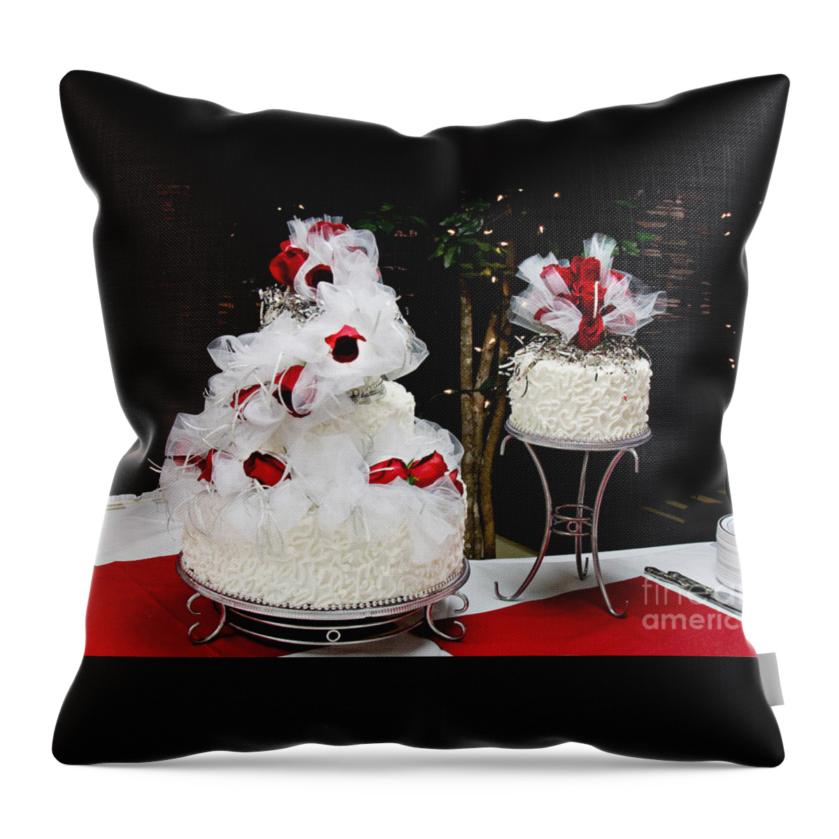 Cake Throw Pillow featuring the photograph Wedding Cake And Red Roses by Andee Design