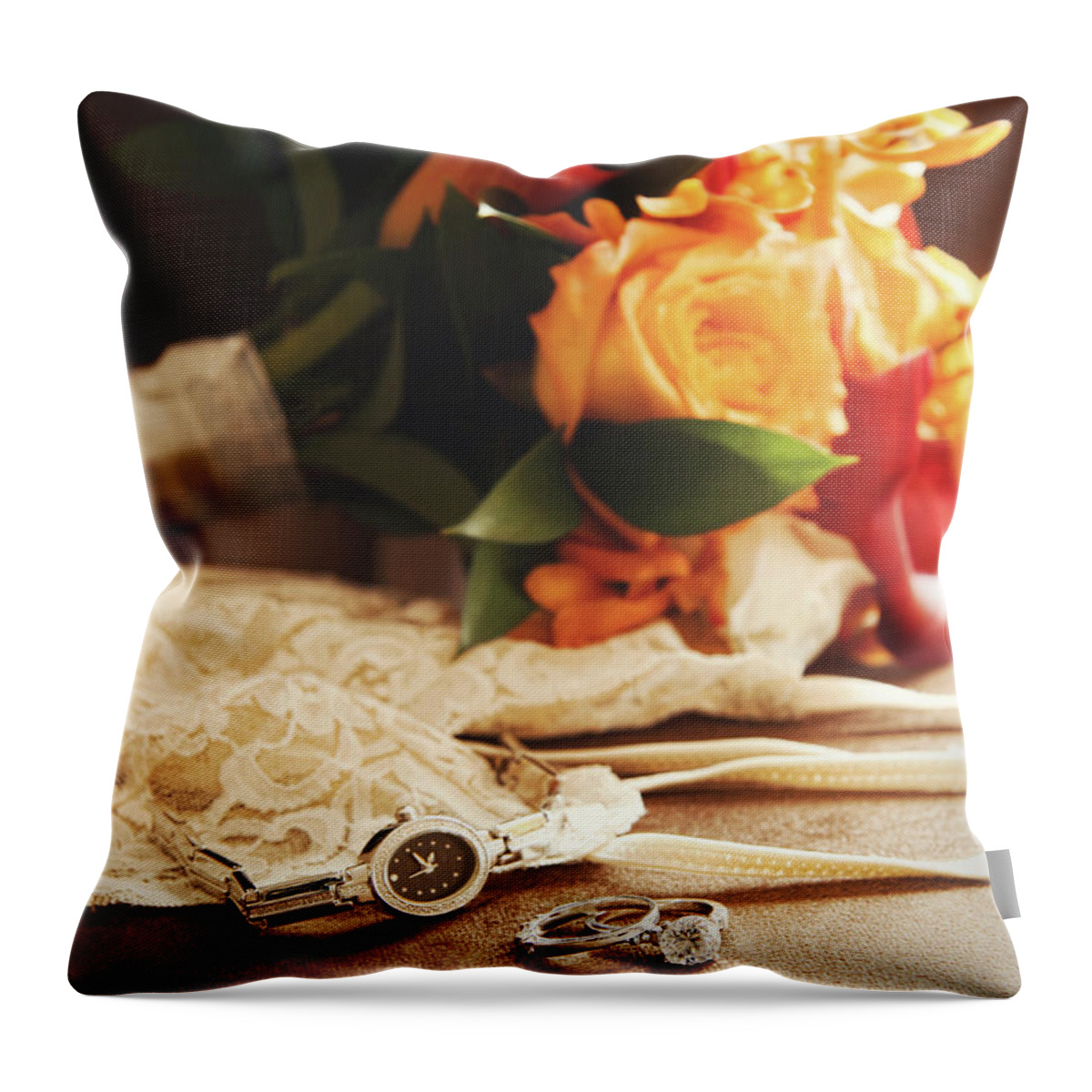 Anniversary Throw Pillow featuring the photograph Wedding ring with bouquet on velvet by Sandra Cunningham