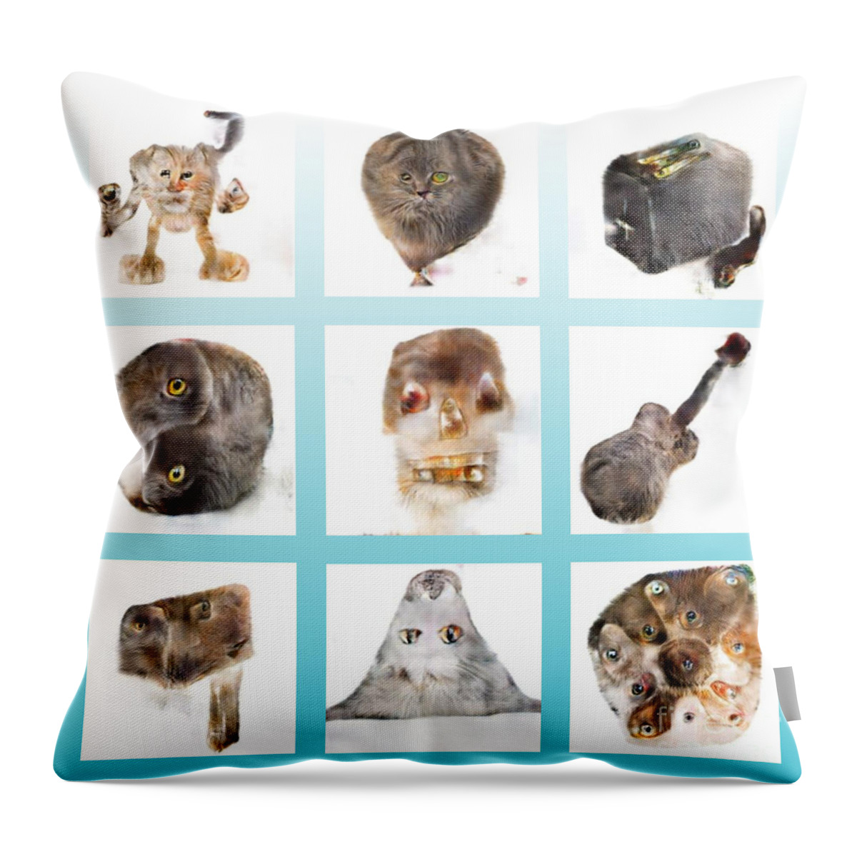 Weird Throw Pillow featuring the digital art Weird Cats in White Squares on Teal by Jason Freedman
