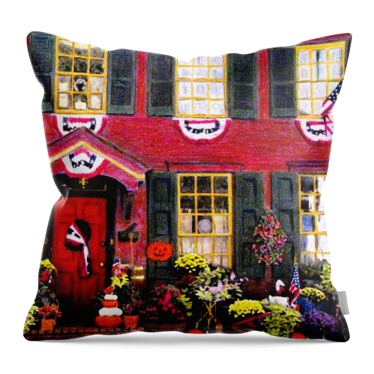 Red Houses Throw Pillow featuring the drawing Welcome to Autumn by Angela Davies