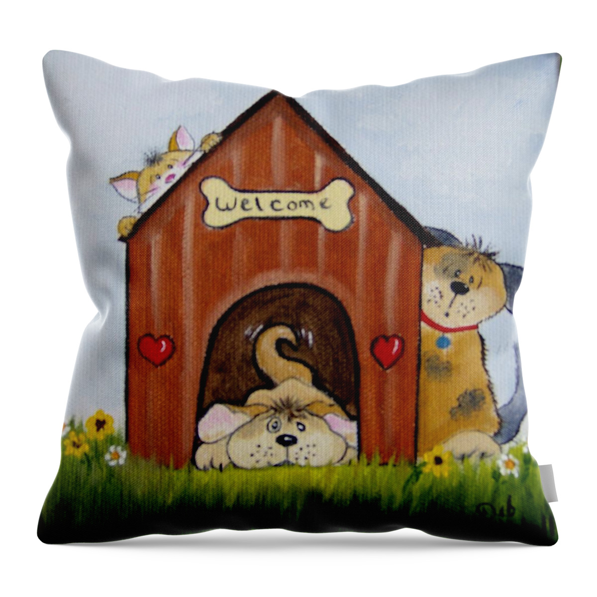Dogs Throw Pillow featuring the painting Welcome to the Doghouse by Debra Campbell
