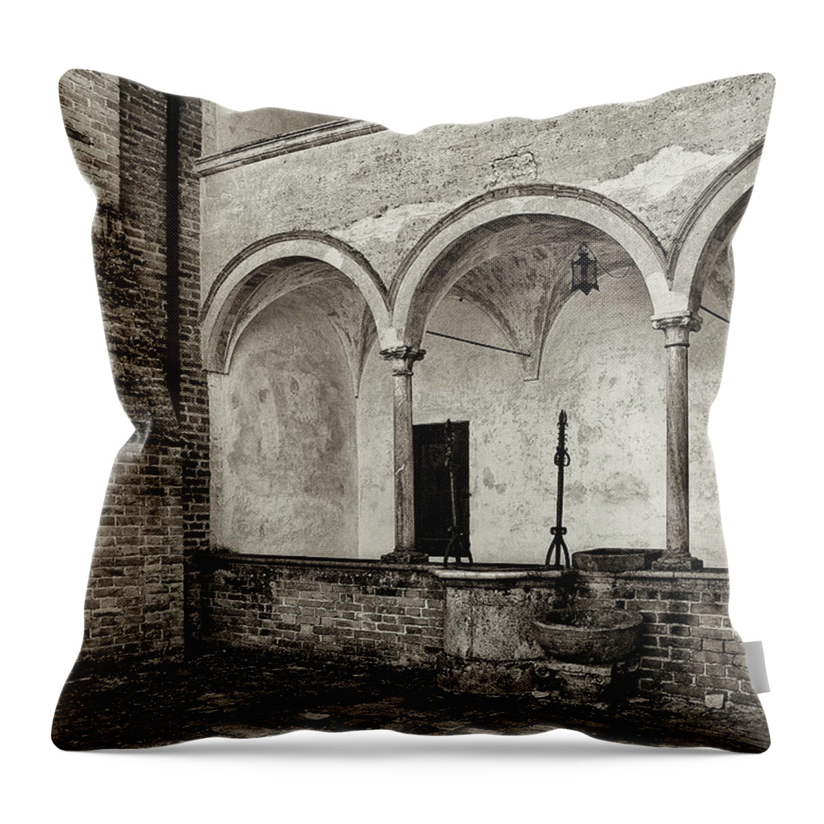 Abbey Throw Pillow featuring the photograph Well and arcade by Roberto Pagani