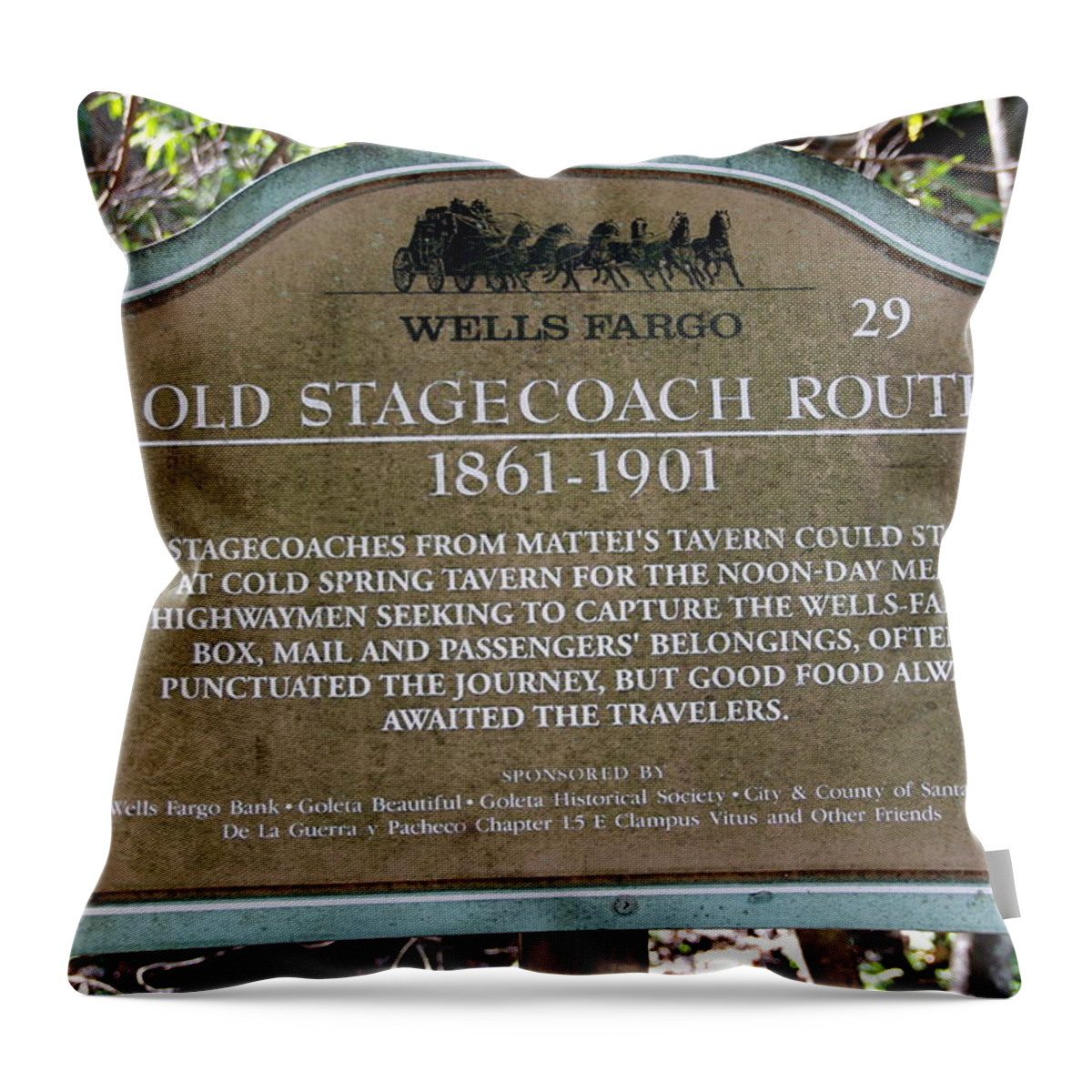 Wells Fargo Throw Pillow featuring the photograph Wells Fargo Stage Coach Sign by Jeff Lowe