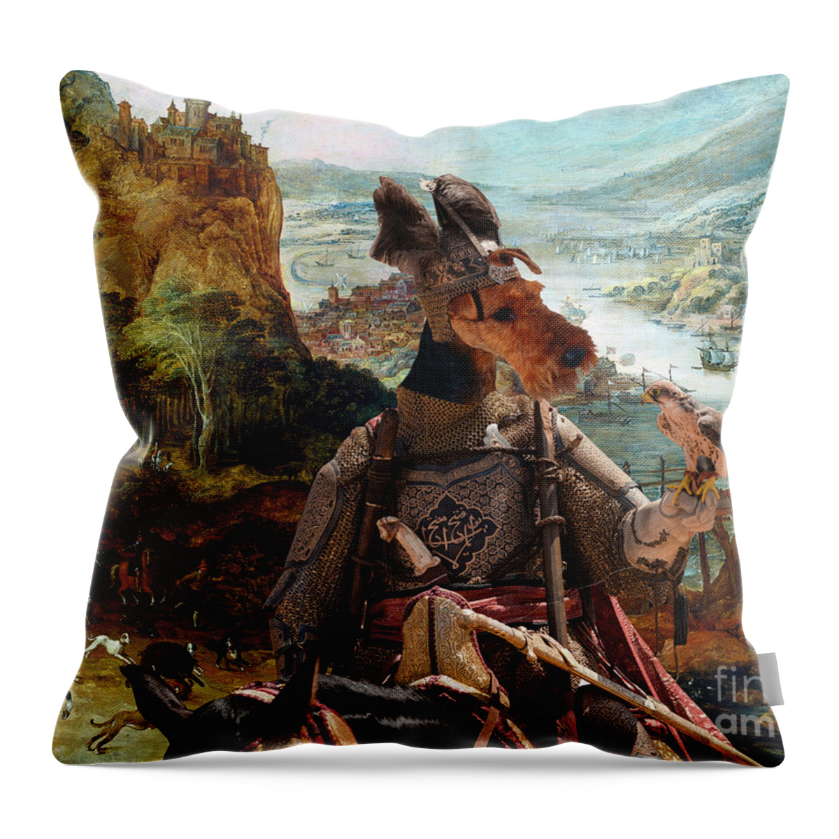 Welsh Terrier Throw Pillow featuring the painting Welsh Terrier Art - The Falconer Party by Sandra Sij