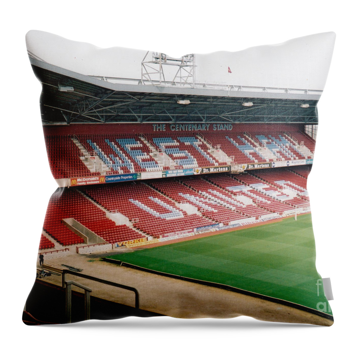 West Ham Throw Pillow featuring the photograph West Ham - Upton Park - North Stand 5 - March 2002 by Legendary Football Grounds