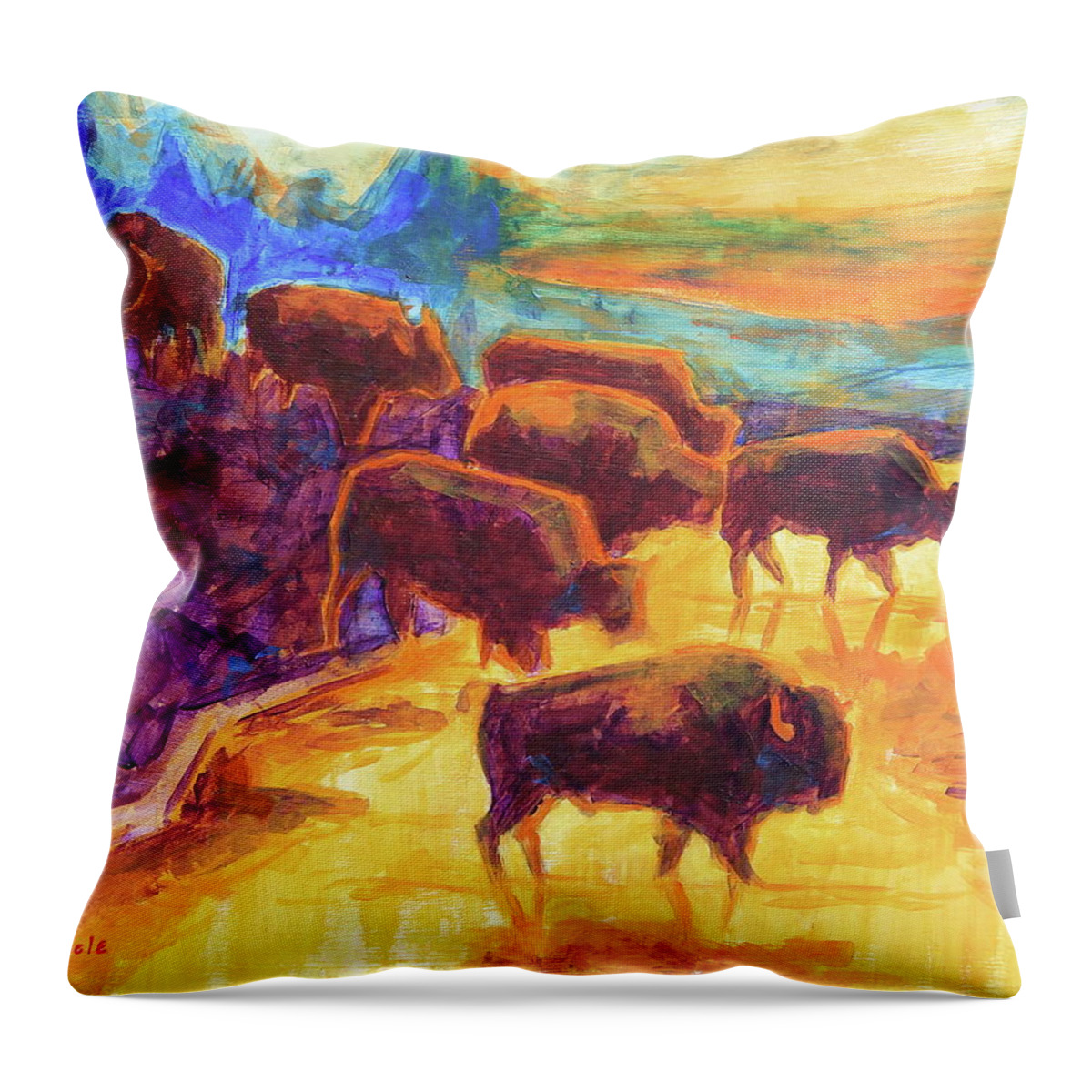 Western Buffalo Art Throw Pillow featuring the painting Western Buffalo Art Bison Creek Sunset Reflections painting T Bertram Poole by Thomas Bertram POOLE