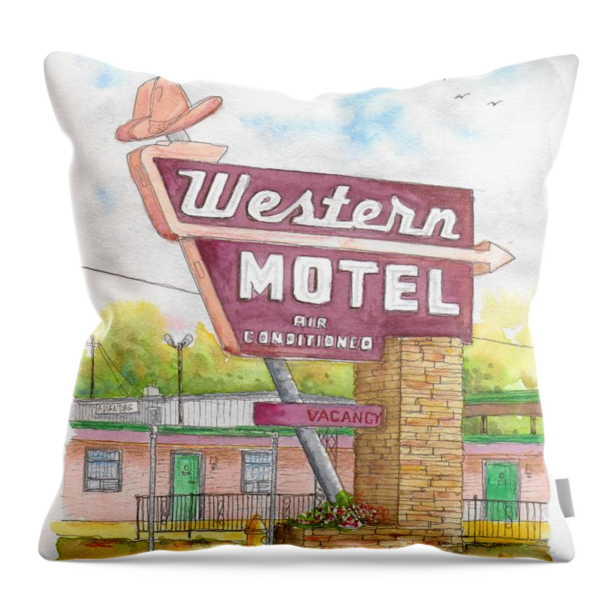 Western Motel Throw Pillow featuring the painting Western Motel in Bethany, Oklahoma by Carlos G Groppa