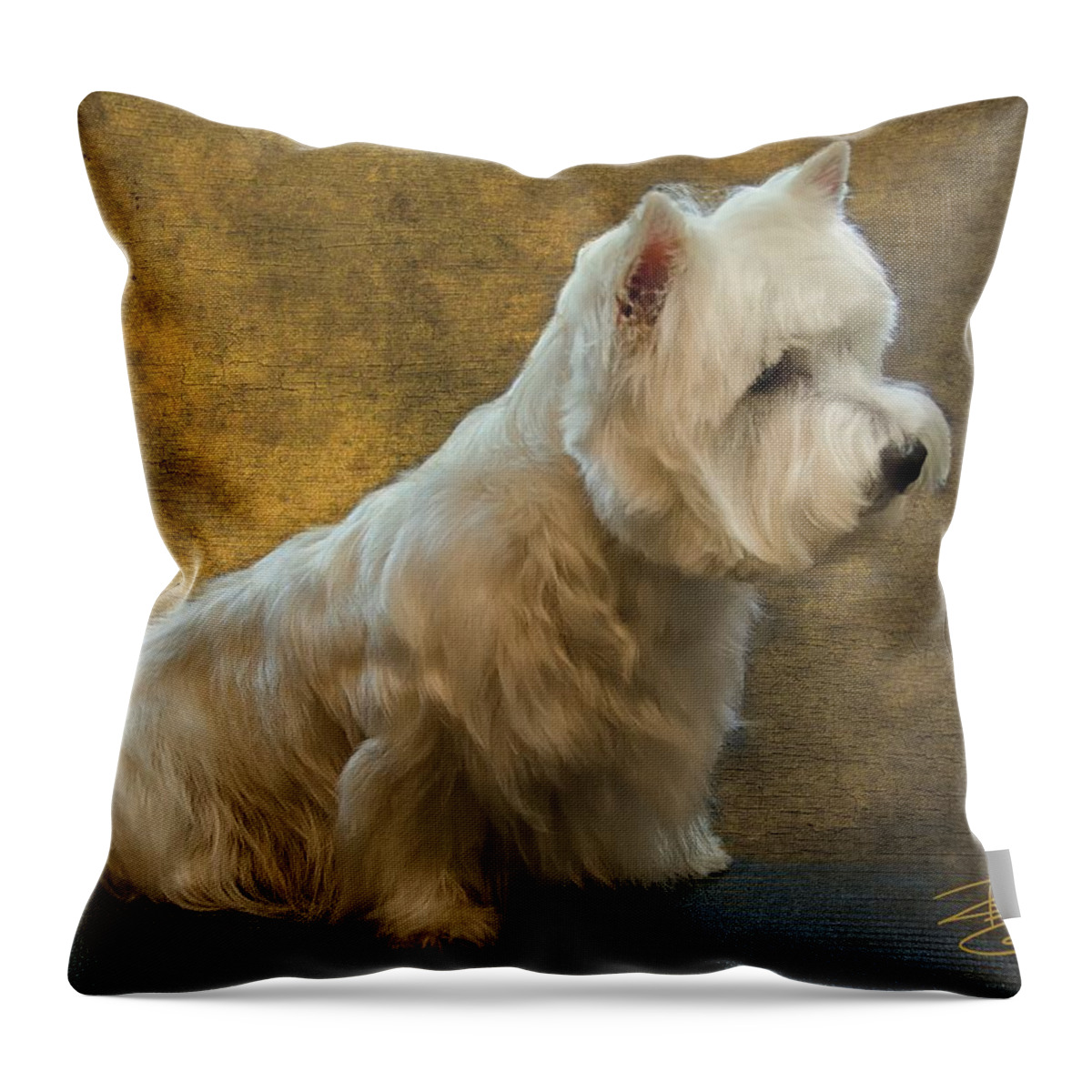 Animal Throw Pillow featuring the digital art Westie on the lookout by Debra Baldwin