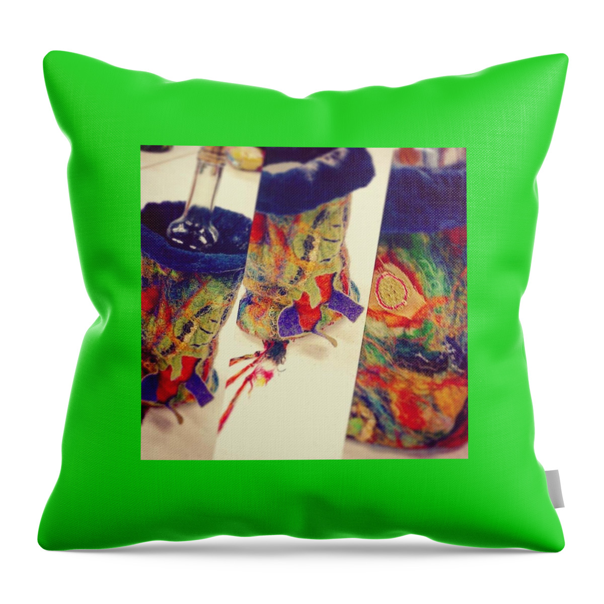 Www.pattishonek.com Throw Pillow featuring the painting Wet and Needle Felted Wine Cozy by Patti Shonek