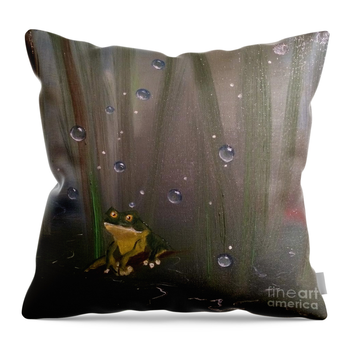 Frog Throw Pillow featuring the painting What by Denise Tomasura