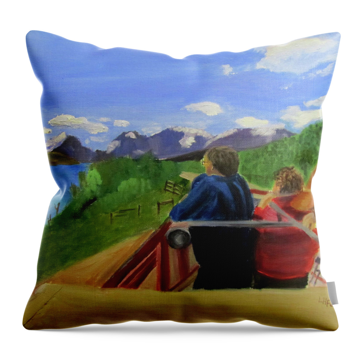 Glacier National Park Throw Pillow featuring the painting What's Out There? by Linda Feinberg
