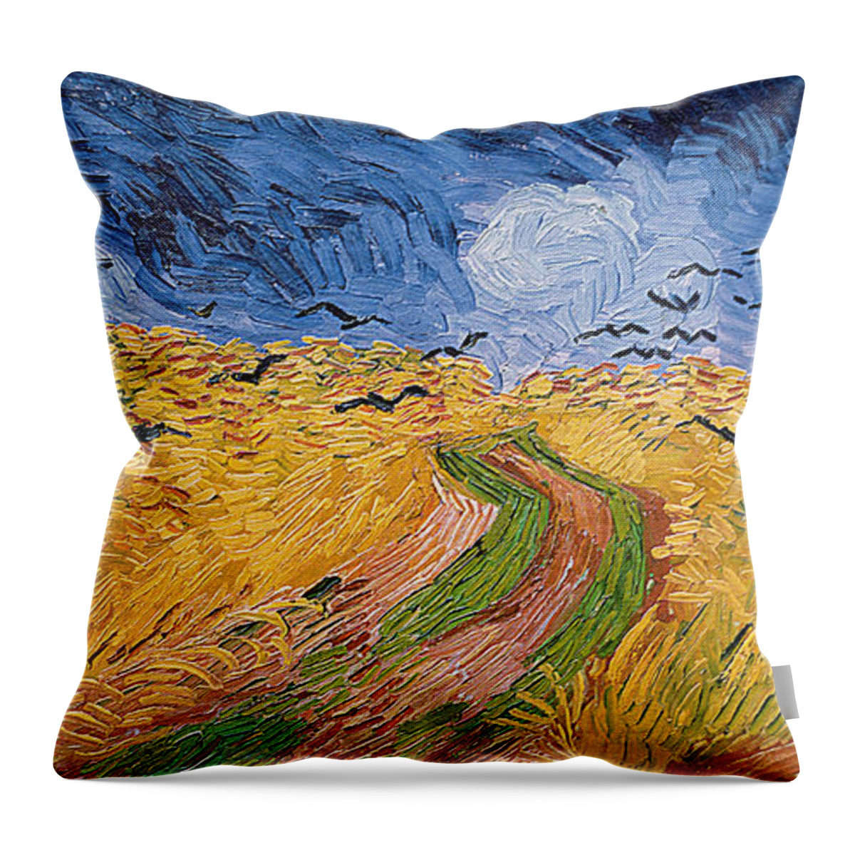 Landscape;post-impressionist; Summer; Wheat; Field; Birds; Threatening; Sky; Cloud; Post-impressionism Throw Pillow featuring the painting Wheatfield with Crows by Vincent van Gogh