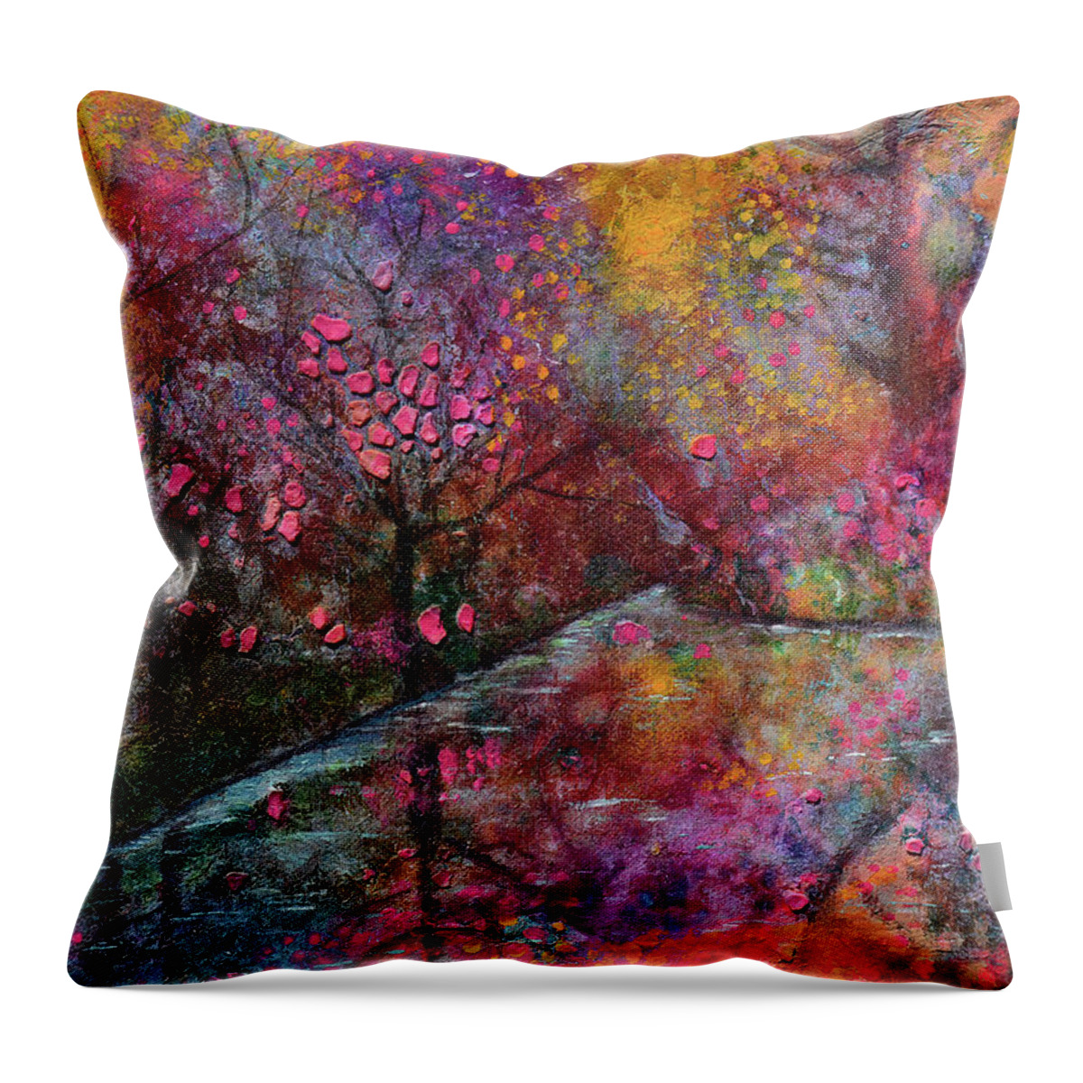 Cherry Blossoms Throw Pillow featuring the mixed media When Cherry Blossoms Fall by Donna Blackhall