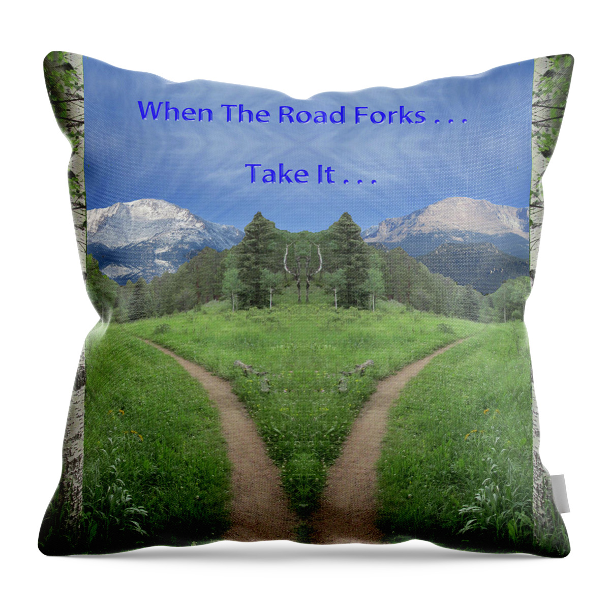 Nature Throw Pillow featuring the digital art When the Road Forks, Take it Into the Mountains by Julia L Wright
