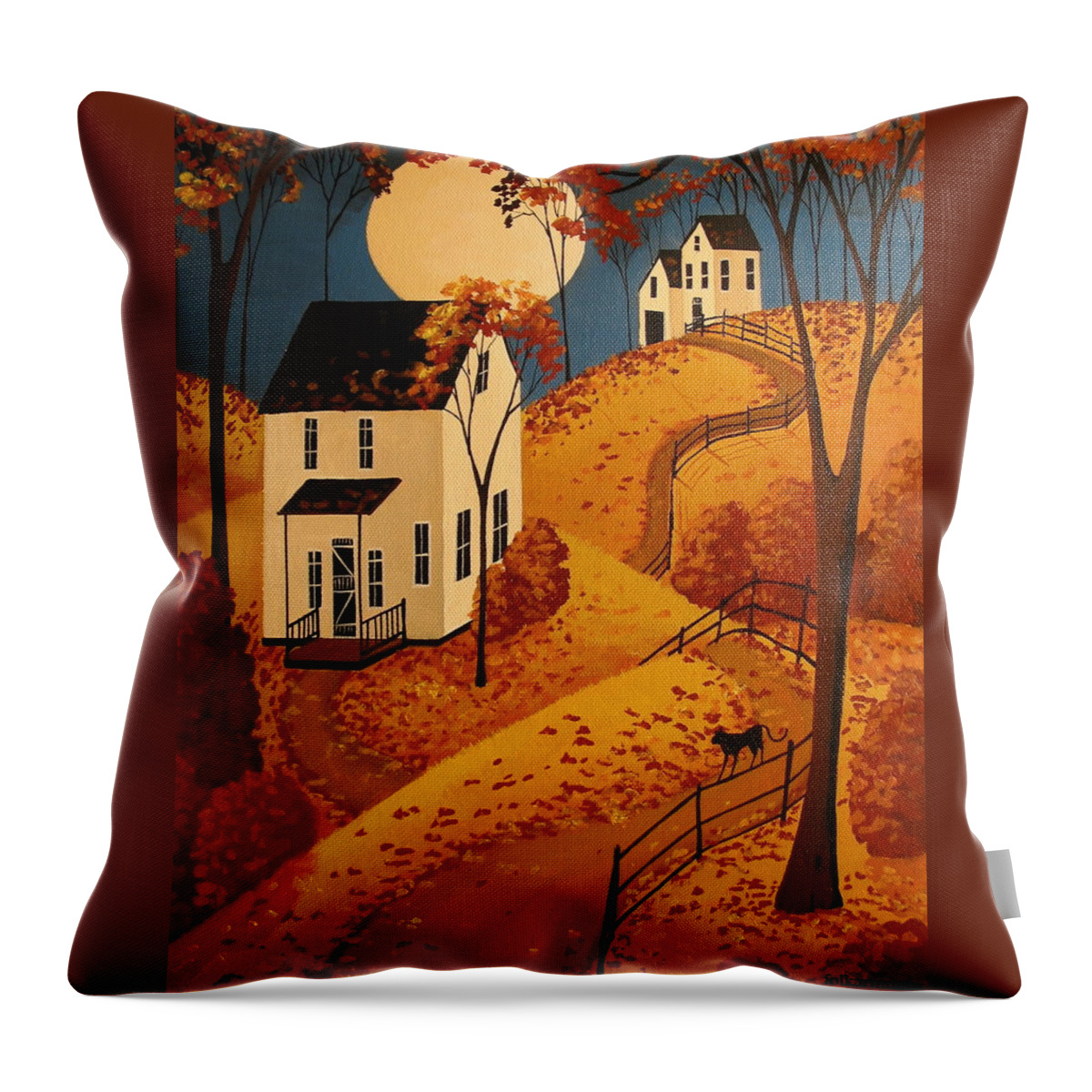 Folk Art Throw Pillow featuring the painting When Will All The Leaves Fall - folk art by Debbie Criswell