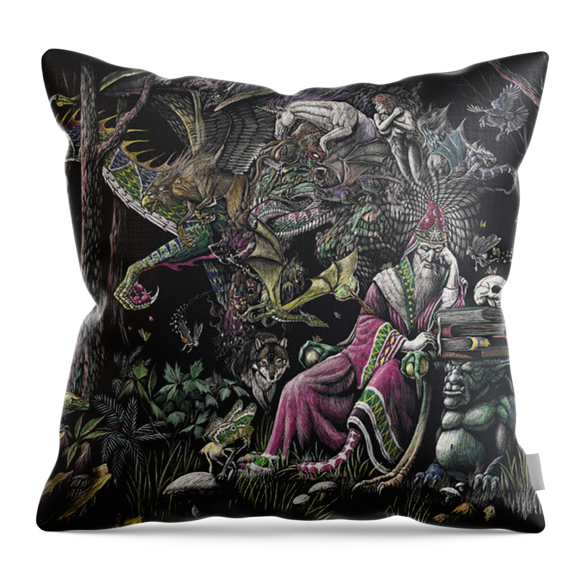 Dragon Throw Pillow featuring the drawing When Wizards Dream by Stanley Morrison