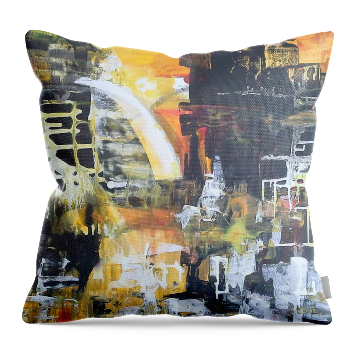 Gold And Blacks Abstract Apainting Throw Pillow featuring the painting Which Way by Joy Fahey