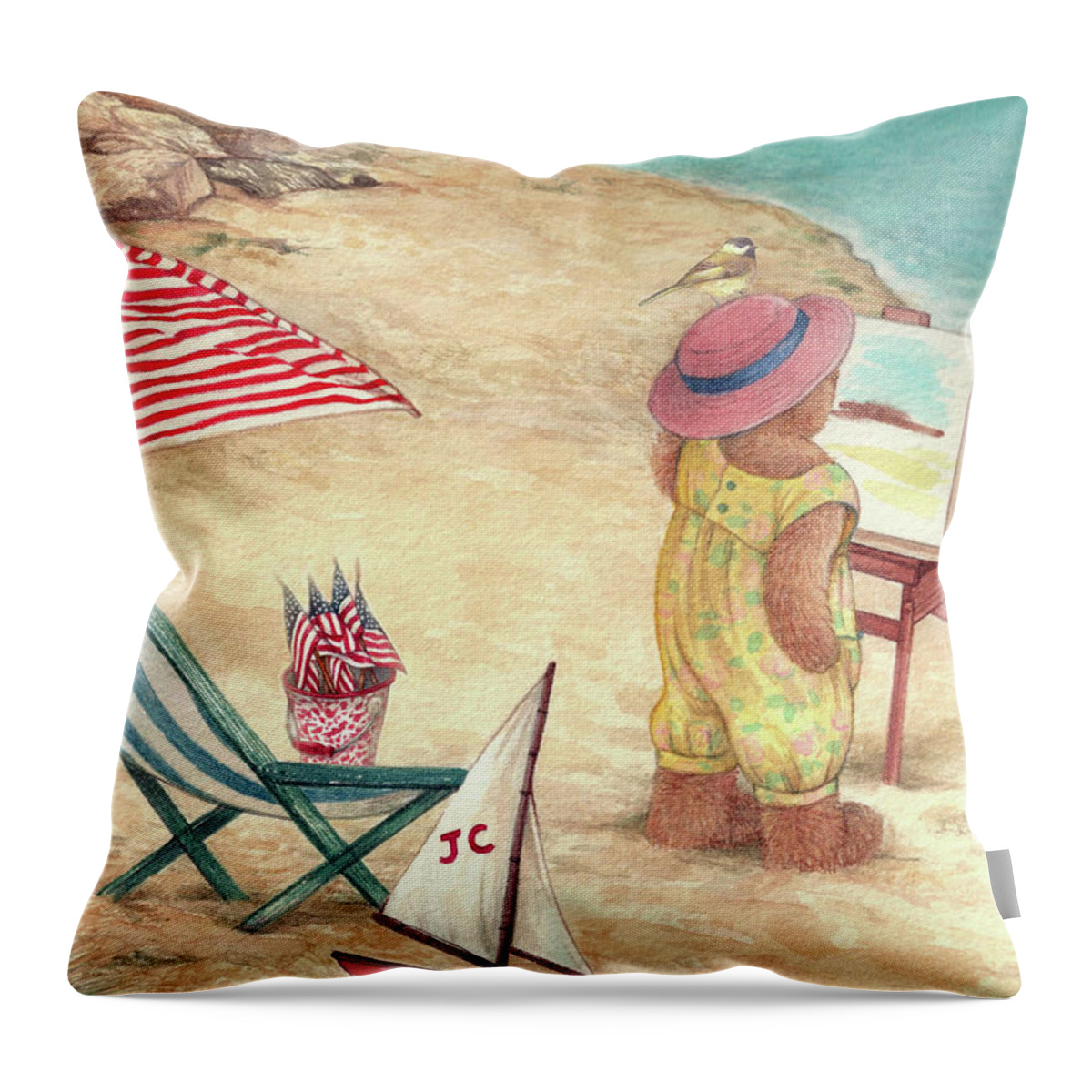 Illustrated Teddy Bear Throw Pillow featuring the painting Whimsical Bear on the Beach by Judith Cheng