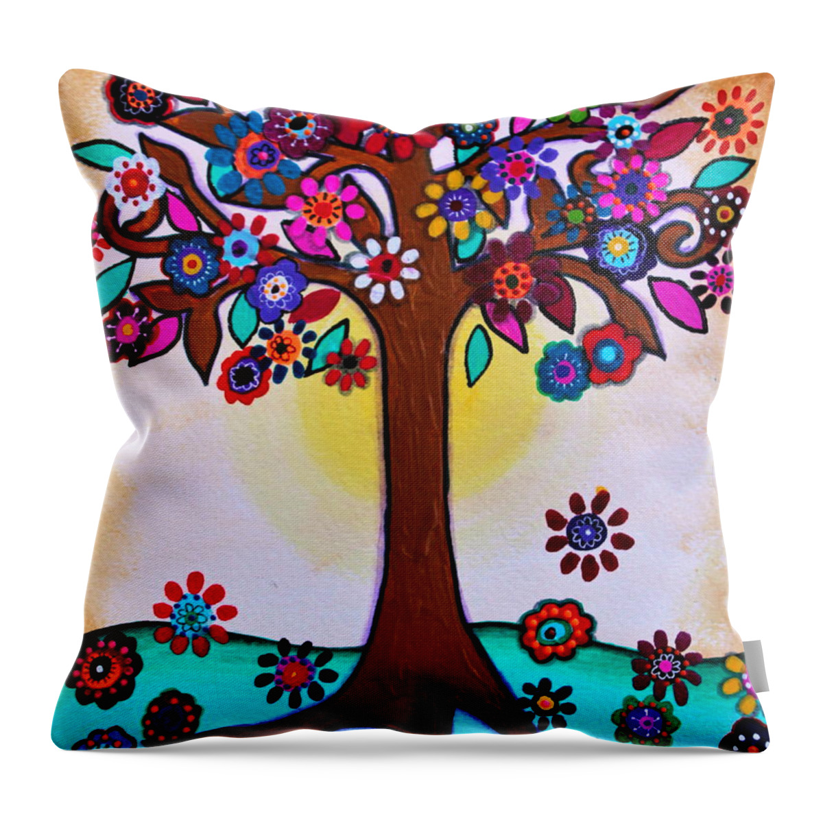 Tree Throw Pillow featuring the painting Whimsical Blooming Tree by Pristine Cartera Turkus