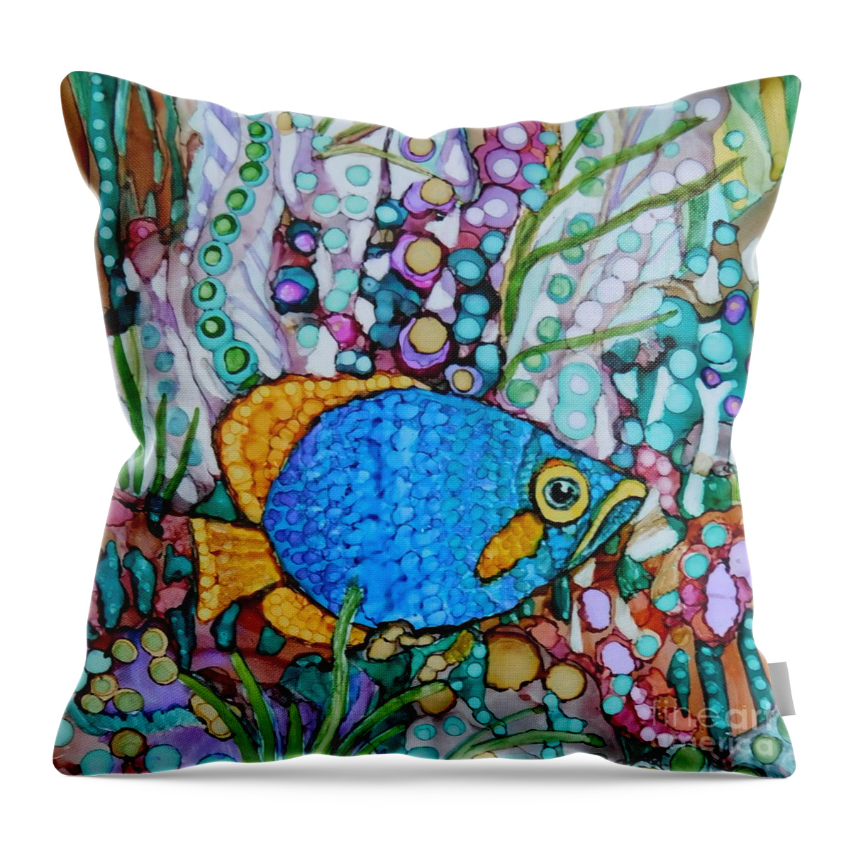 Imaginary Throw Pillow featuring the painting Whimsical Blue and Gold Fish by Joan Clear