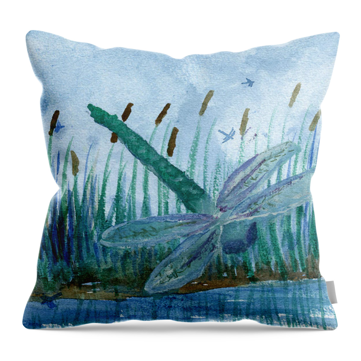 Dragonfly Throw Pillow featuring the painting Whispering Cattails by Victor Vosen