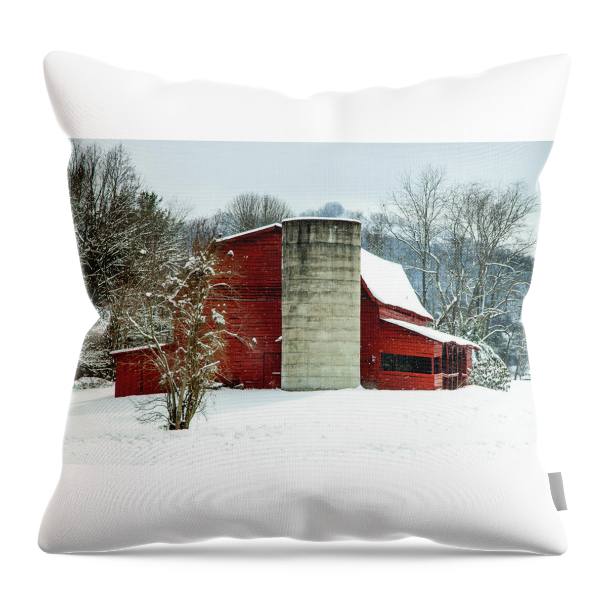 Winter Red Barns Throw Pillow featuring the photograph WHISPERS of WINTER WONDER by Karen Wiles