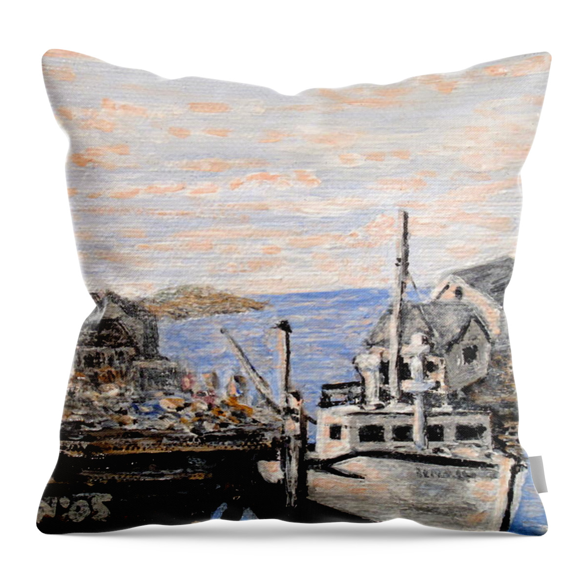 White Throw Pillow featuring the painting White Boat in Peggys Cove Nova Scotia by Ian MacDonald