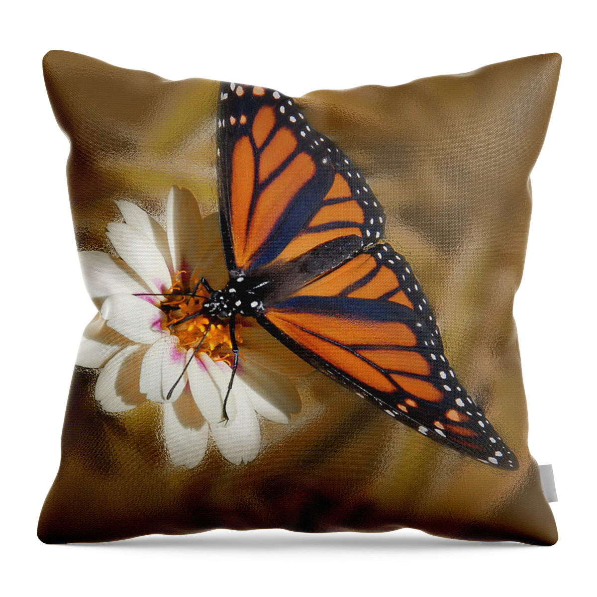 White Flower Throw Pillow featuring the photograph White Flower with Monarch Butterfly by Peg Runyan